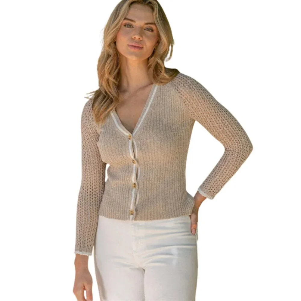 2/$24 Red Haute Pointelle V-Neck Cardigan Long Sleeve Tan with White #A0282 TRB2 - Picture 1 of 8